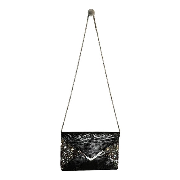 Evening Envelope Clutch Sequined Snakeskin Bag Black Multicolor Crossbody Chain - Picture 2 of 8